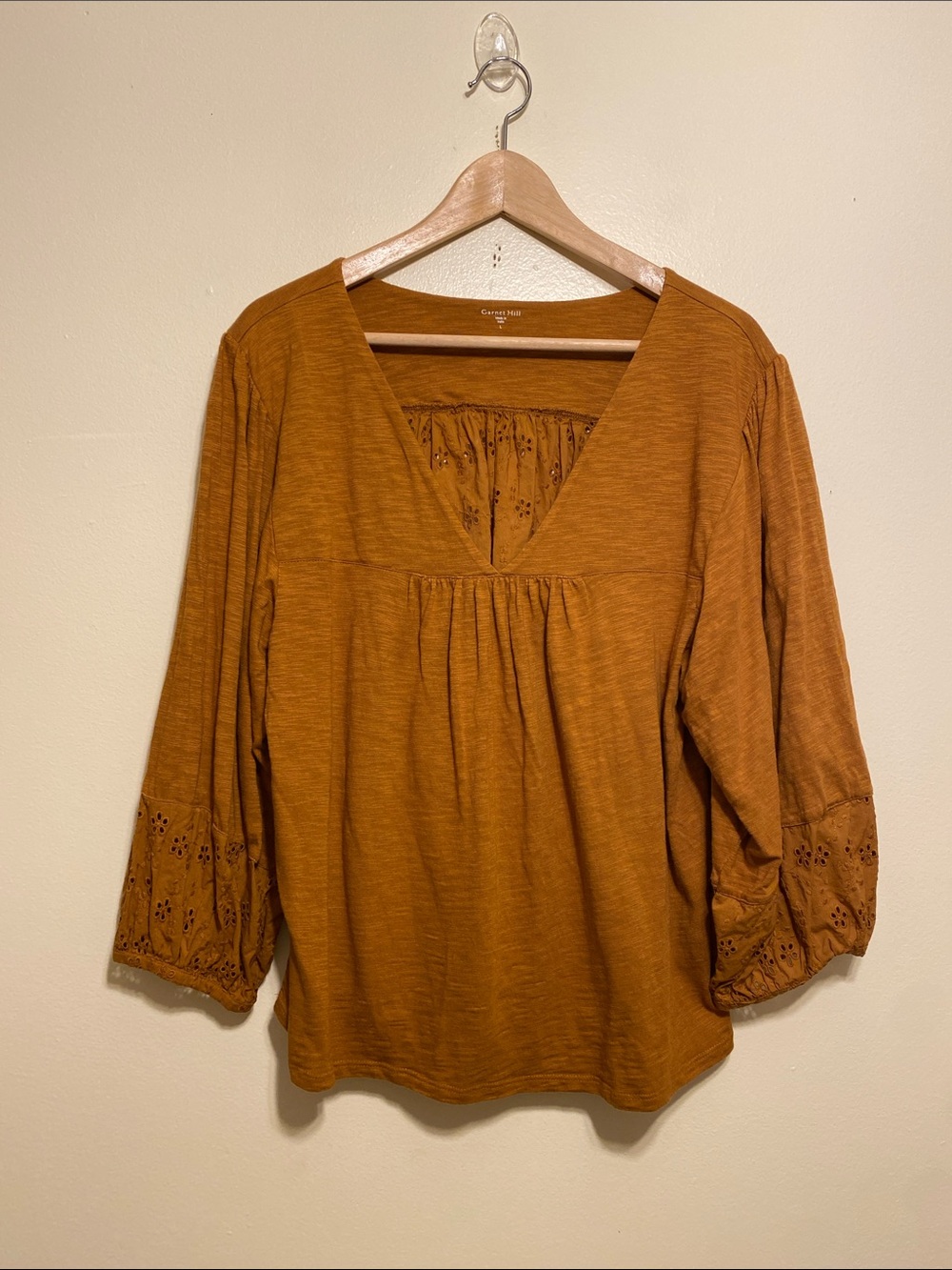 Garnet Hill Rust Orange V-Neck Embroidered Sleeve Tunic. Size L